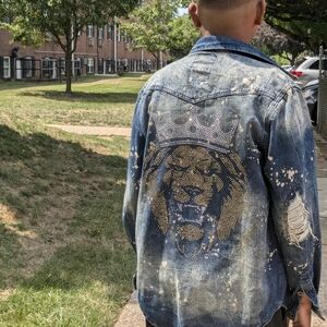 Custom Men's Distressed Blue Denim Button-Down Shirt with Studded Lion Back